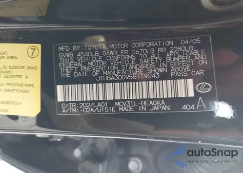 2005 Lexus Es 330 z USA, uszkodzony, nr VIN JTHBA30G955119243